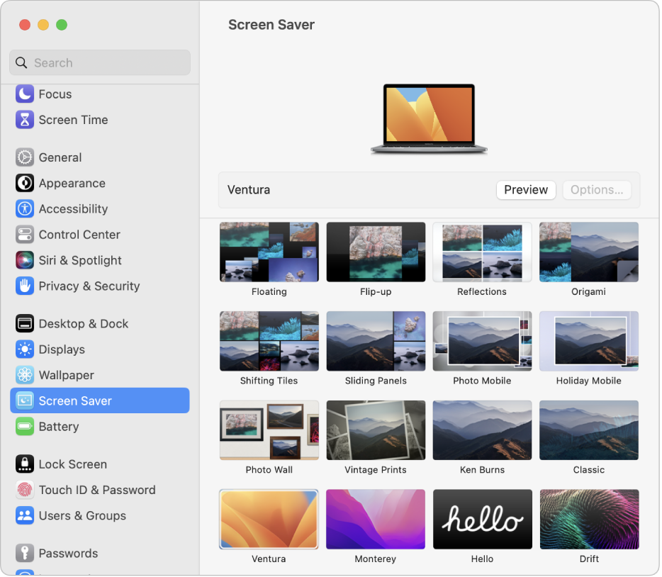 Customize your Mac's screen saver settings to display your favorite images or animations when your computer is inactive.
Activate your screen saver with just a quick movement of your mouse or by a simple keyboard shortcut.