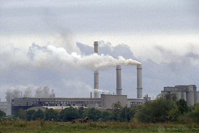 Factory with smokestacks