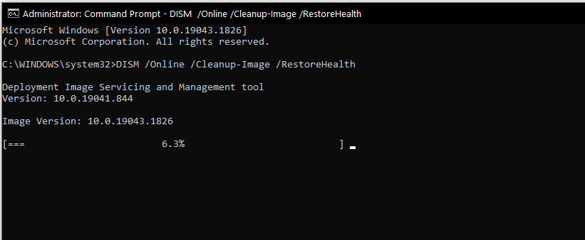 After this command is finished, run DISM.exe /Online /Cleanup-Image /RestoreHealth again.