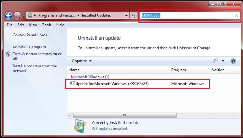 Check if update KB3035583 is listed and uninstall it.