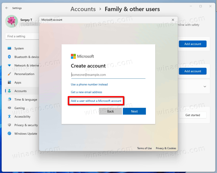 Click on Add a user without a Microsoft account.