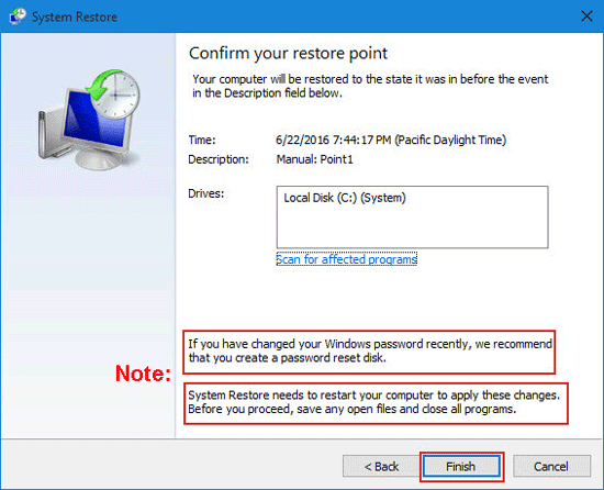 Click on Next
Confirm the restore point and click on Finish