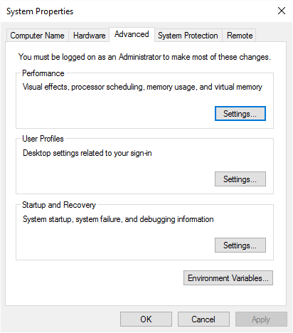 Click on the Change button under Virtual Memory settings.