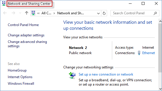 Click on the <em>Start</em> menu and search for <em>Control Panel</em>.
Click on <em>Network and Sharing Center</em>.