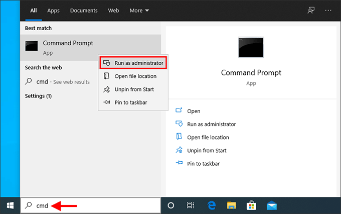 Click on the Run as administrator option under Command prompt.