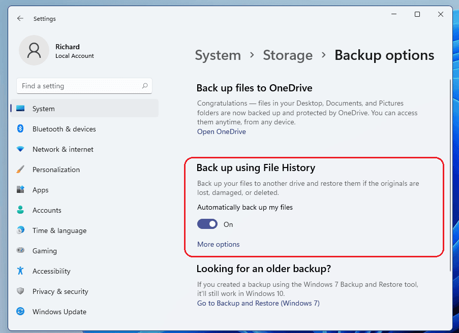 Click on the "Set up backup" button on the Backup and Restore window.
Choose the storage device you connected in step 1 from the list of available devices.