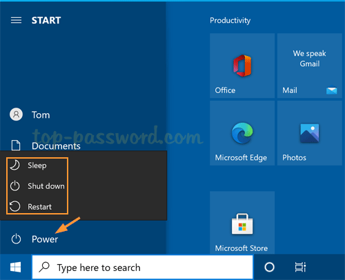 Click on the Windows Start button to access the power button.
Select Restart from the options.