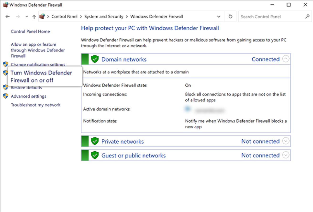 Click on Windows Defender Firewall to open that Control Panel applet.