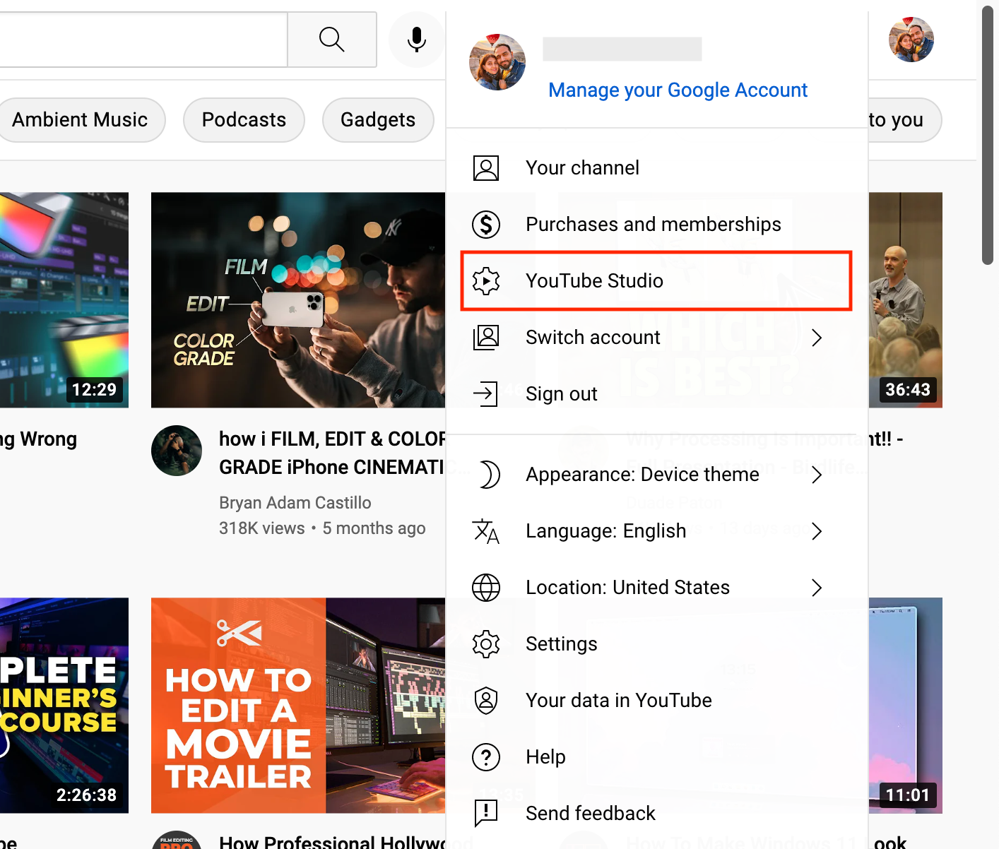 Click on your profile picture in the top right corner
Select "YouTube Studio"