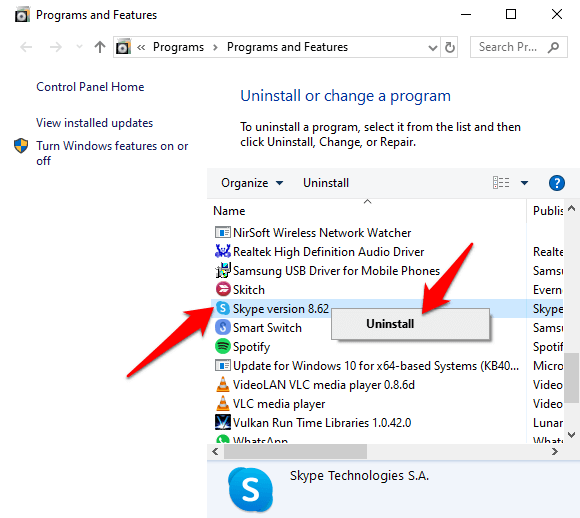 Click Skype, and select Uninstall.