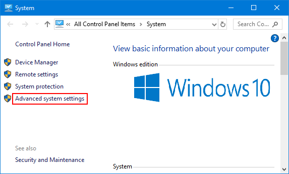 Click the Advanced system settings option in the System tab.