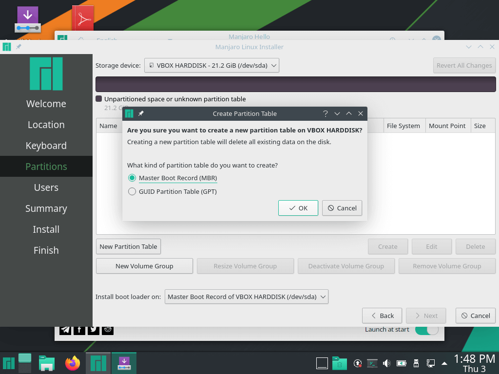 Create a new partition for Manjaro by selecting the free space on your hard drive.
Assign a mount point to the new partition, such as "/" for the root directory.
