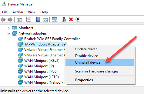 Expand the Network Adapters section, right-click on the affected driver, then select Uninstall device.