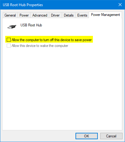 Go to the Power Management tab and uncheck the Allow the computer to turn off this device to save power unticked.