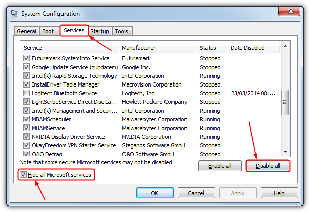 Go to the Services tab, double-click on Hide all Microsoft services, and uncheck Hide all Microsoft services.