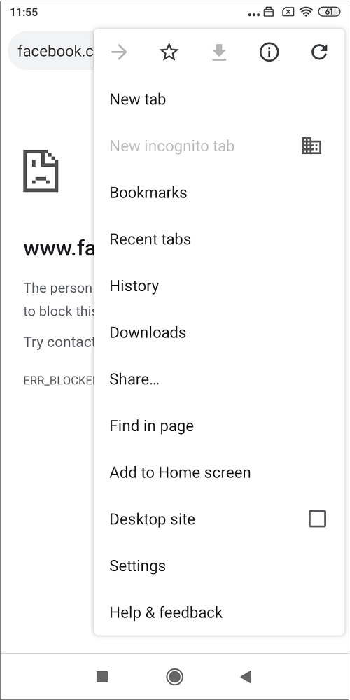 Google Chrome settings on Android device