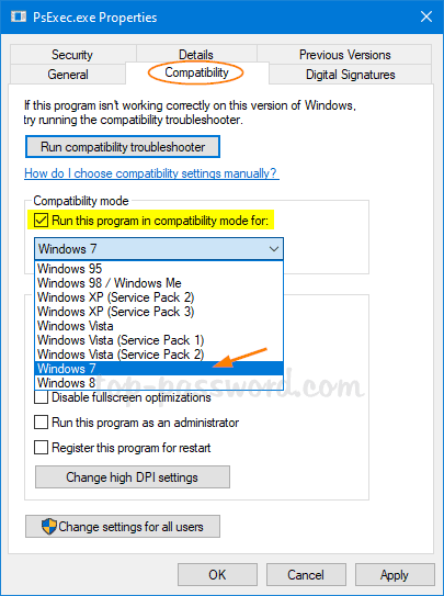 In the Compatibility tab, check the box next to Run this program in compatibility mode for.