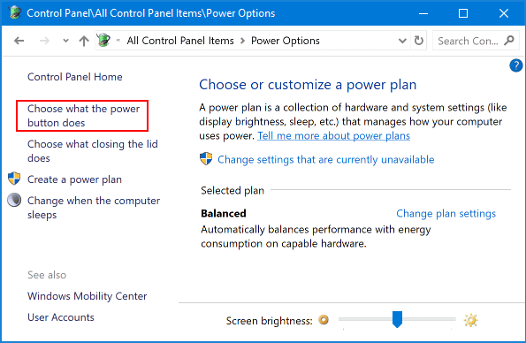 In the left pane, click Choose what the power buttons do, then click Change settings that are currently unavailable.