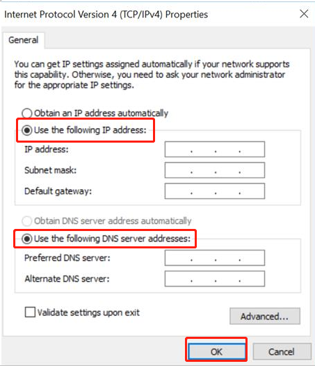 In the "Networking" tab, select "Internet Protocol Version 4 (TCP/IPv4)" and click on "Properties".
Select the option "Use the following IP address" and enter the IP address and subnet mask provided by your network administrator.