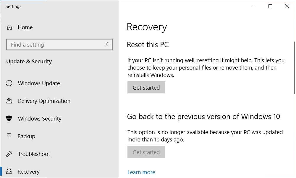 In the Recovery section, click on Get started under Reset this PC.