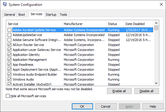 In the System Configuration window, click on the Services tab, then check Hide all Microsoft services, and click on Disable all.