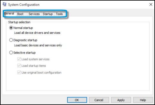 In the System Configuration window, go to the Services tab.