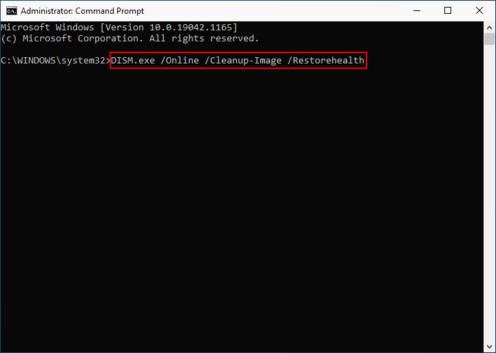 Input dism /online /Cleanup-Image /RestoreHealth in Command prompt's text field, and press the Return key.