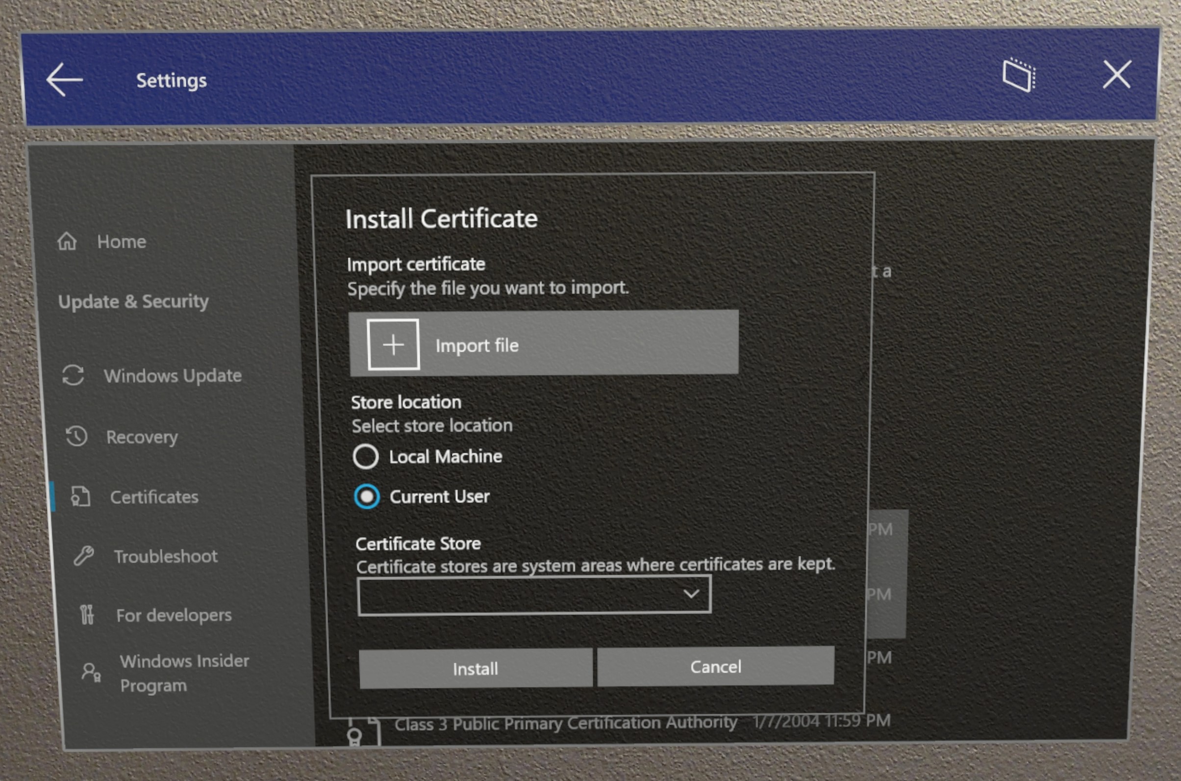 Local device certificates in Windows certificate store
