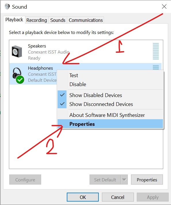 Locate your audio device > right-click it > select Properties