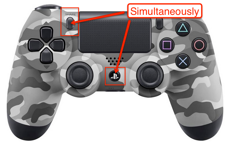 Make sure your PS4 console is turned on and in pairing mode.
Press and hold the PS button and the Share button simultaneously on the DUALSHOCK 4 Controller until the light bar starts flashing.