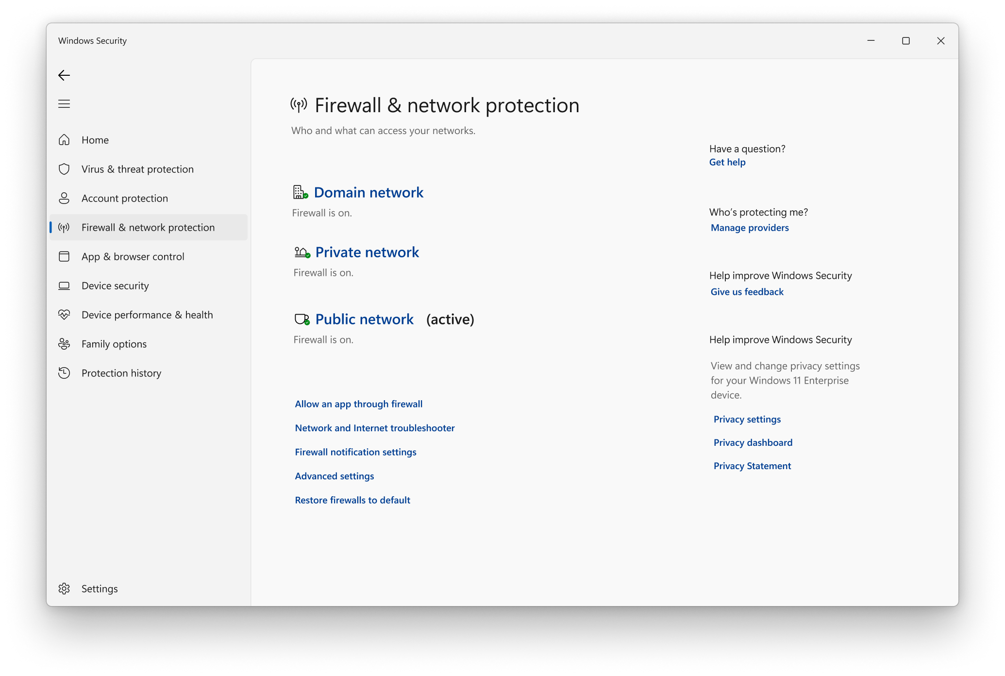 Network and firewall settings interface