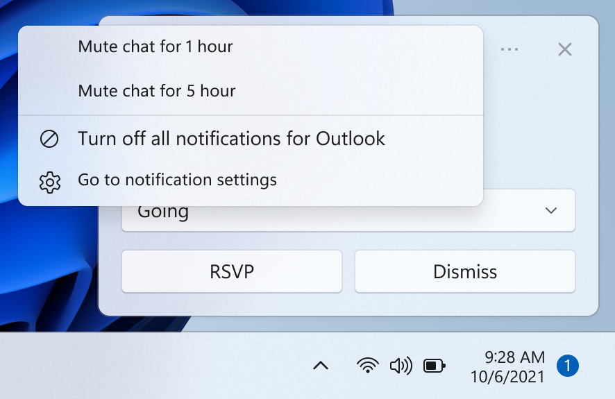 Notification settings menu in Windows 10