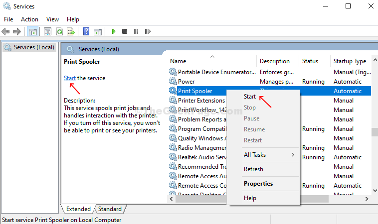 Open Services by typing it into the Windows search bar
Find Print Spooler and right-click, then select Restart
