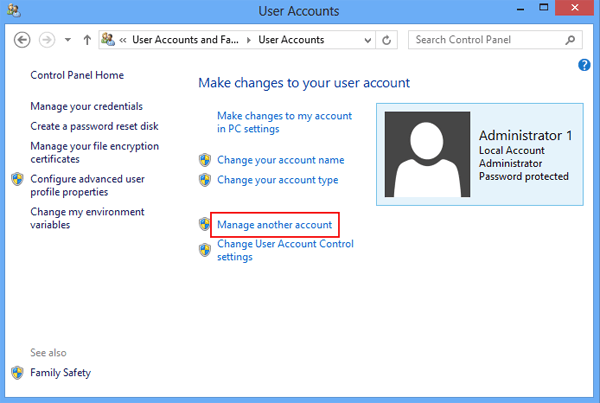 Open the Control Panel and go to User Accounts.
Select Manage another account.