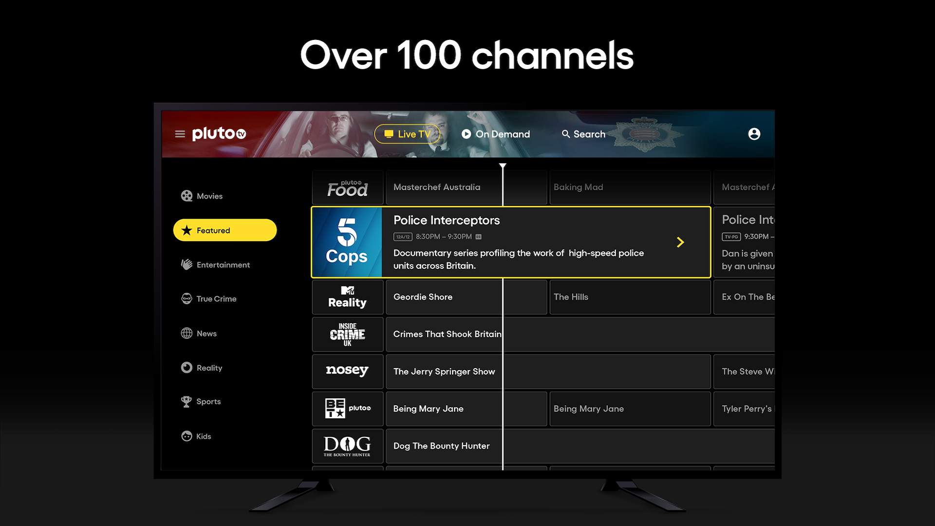 Pluto TV interface and channel selection menu