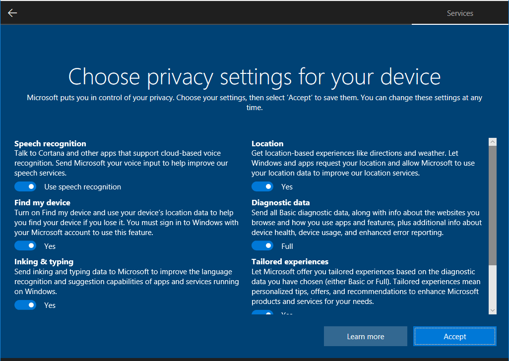 Privacy settings screen