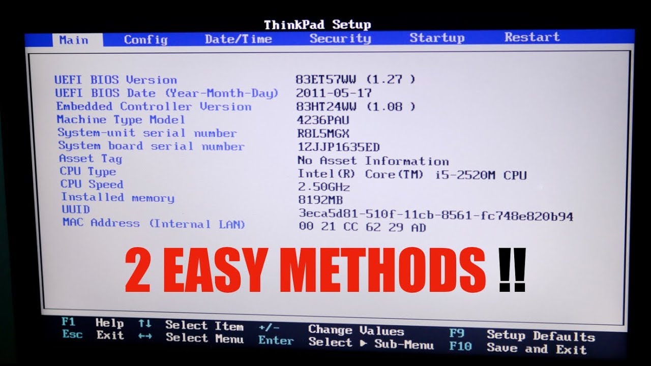 Restart the Lenovo computer and press the BIOS key (F1, F2, F12, or Del) immediately to enter the BIOS menu.
Check if the Lenovo OEM information is correct, including the model number, serial number, and product name.
