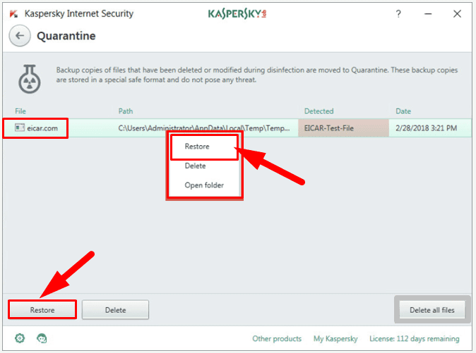 Restore Kaspersky deleted files from Deleted Files