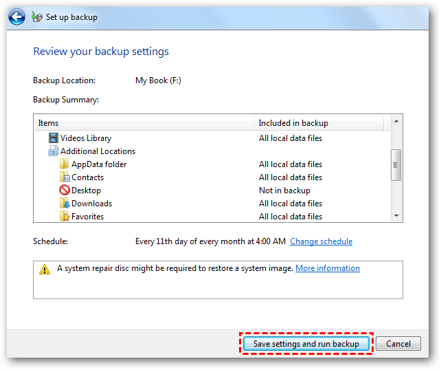 Review the summary of the backup settings to ensure they are correct.
Click on the Save settings and run backup button to start the backup process.