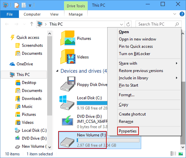Right-click on the CD/DVD drive and choose Properties