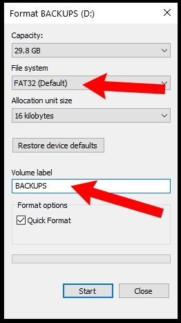 Select "FAT32" from the "File System" dropdown menu
Click "Start" to begin formatting