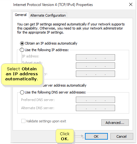 Select Obtain an IP address automatically