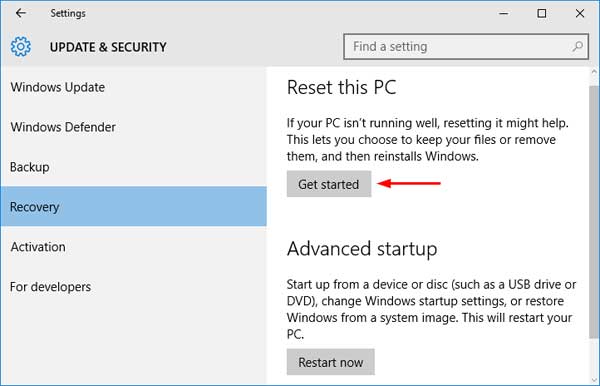 Select Recovery from the left pane, and click on the Get started button under Reset this PC.