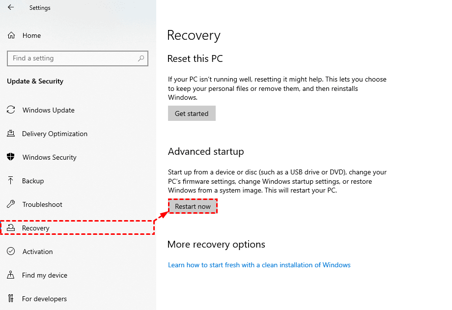 Select Recovery, then click Get started.