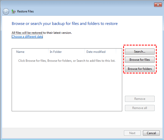 Select the files to restore and click Next.