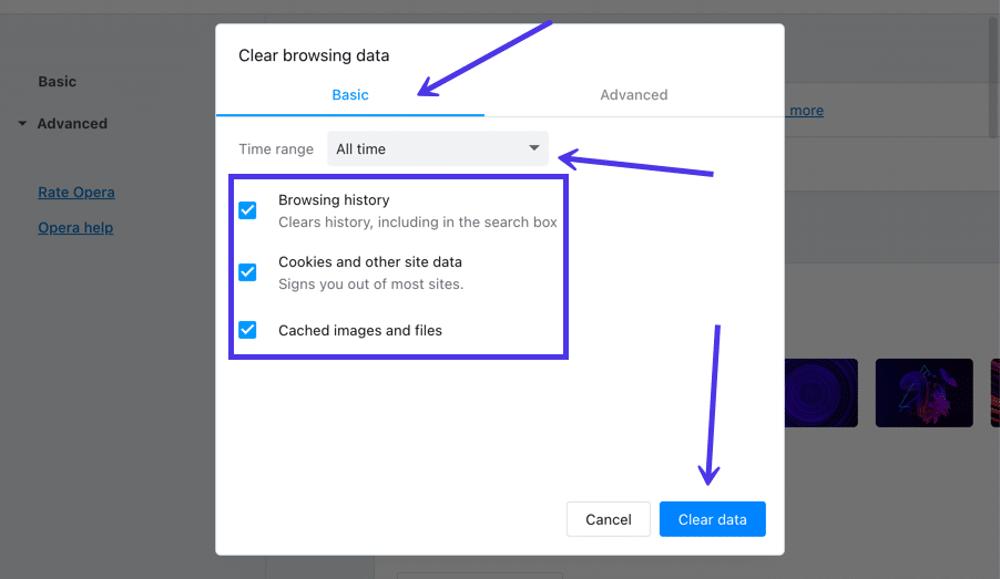 Select time range and data to be cleared
Click on “Clear data"