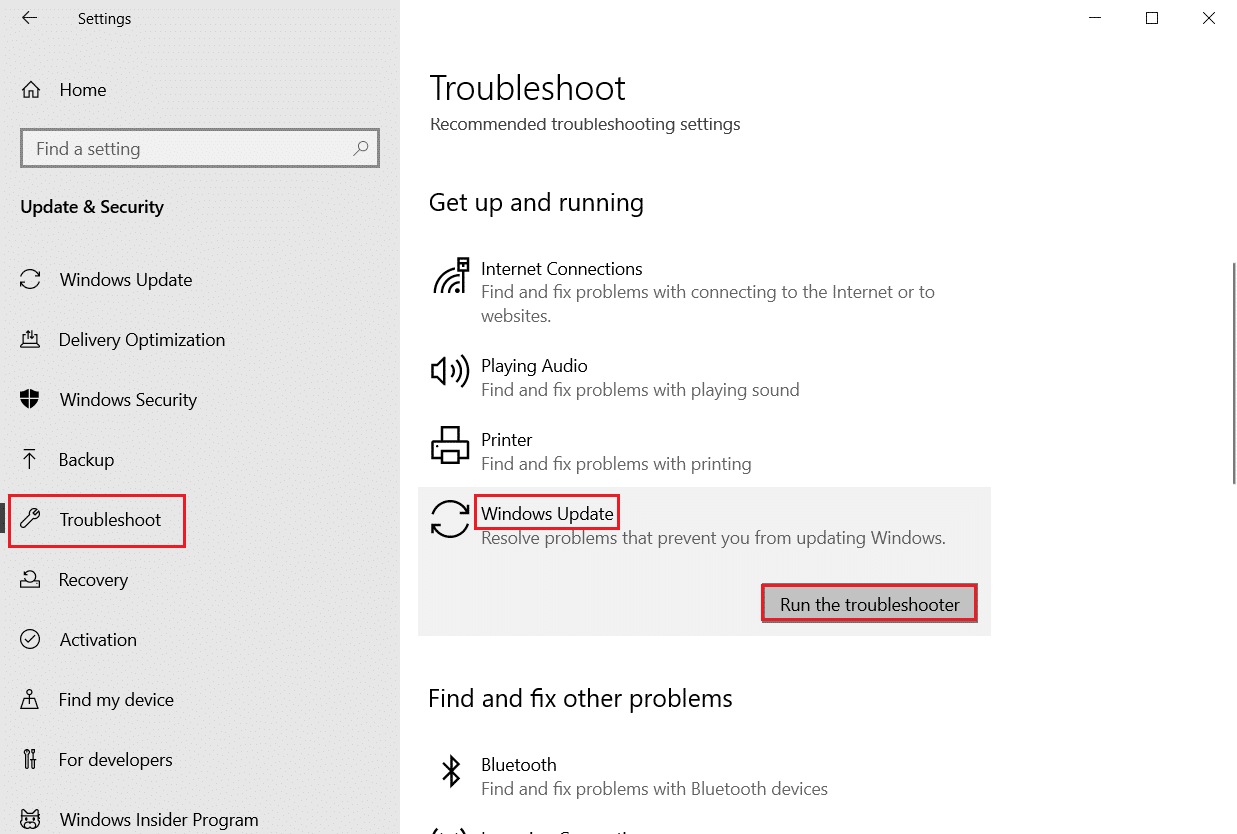 Select Windows Update from the right pane and click Run the troubleshooter.