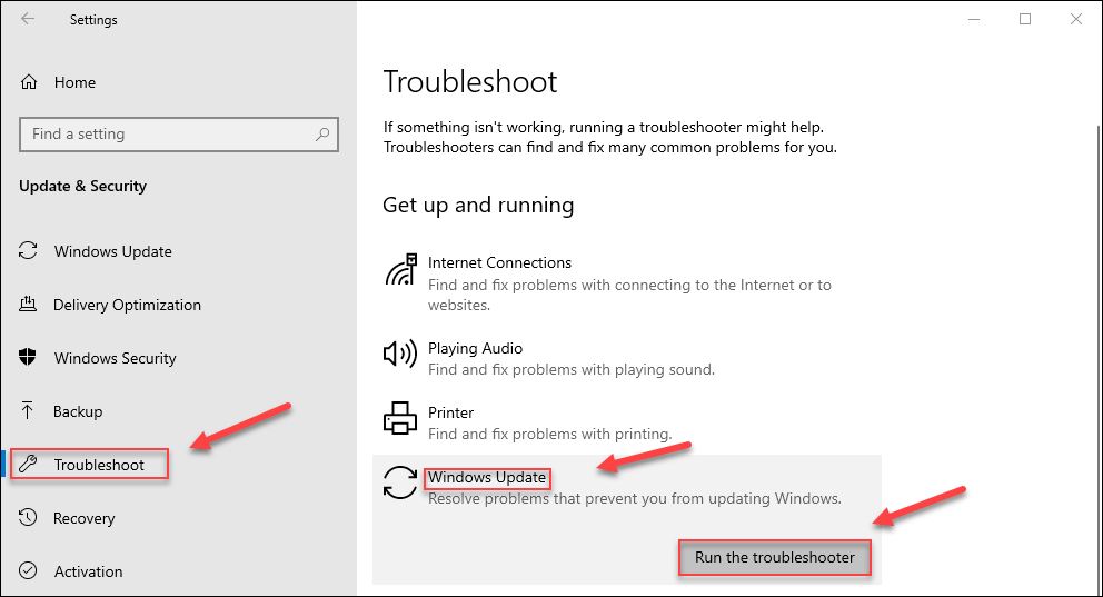 Select Windows Update from the Troubleshoot tab and click on Run the troubleshooter.