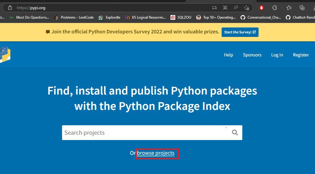 Step 1: Go to the <a href="https://pypi.org/">Python Package Index</a> website.
Step 2: Search for the package you want to install.