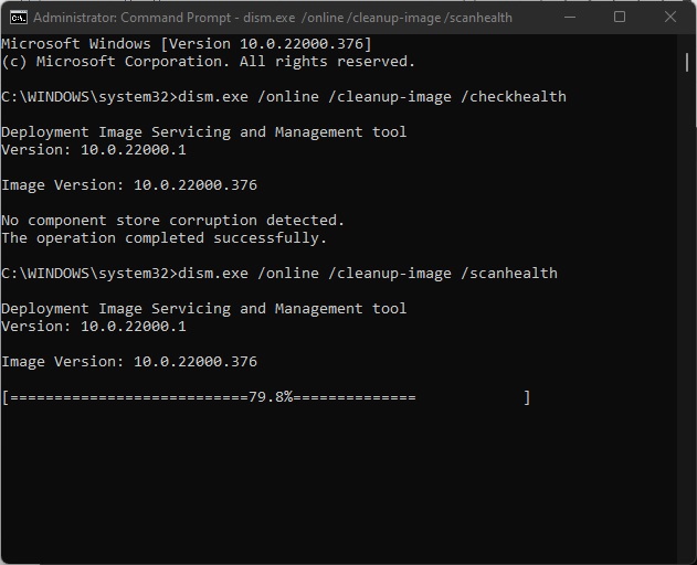 Then, input the command DISM /Online /Cleanup-Image /RestoreHealth in Command prompt.